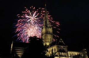 Fireworks with a backdrop of Salisbury Cathedral