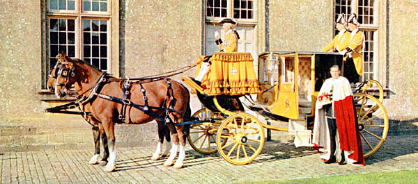 The 6th Marquess of Bath with the state chariot which he used to attend the Queen's Coronation